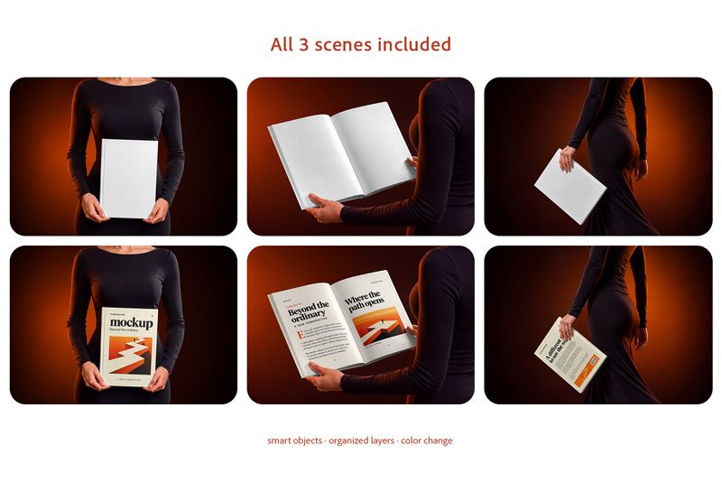 Three A4 hardcover book mockup scenes showing a woman holding the front cover, an open spread and the back cover with blank and branded designs.