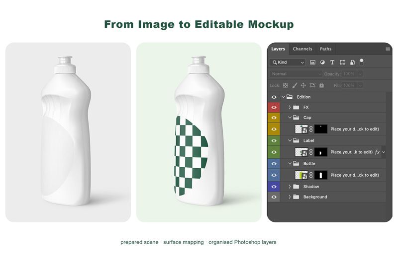Blank dishwashing liquid bottle and checkerboard label mockup beside a Photoshop Layers panel with cap, label, bottle, shadow and background groups.