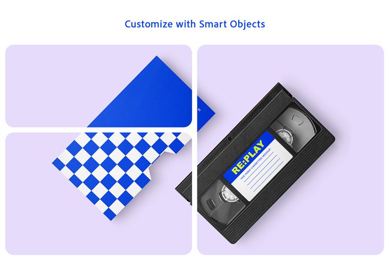 VHS tape and sleeve mockup customization preview with solid blue artwork, a checkerboard sleeve design and a RE:PLAY cassette label.