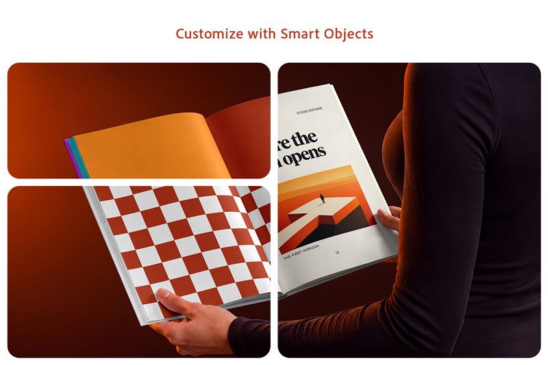 A4 book mockup customization preview with colored pages, a checkerboard spread and an editorial layout held by a woman.
