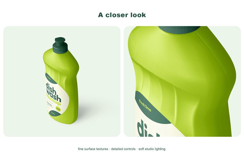 Close-up dishwashing liquid bottle mockup showing fine lime plastic texture, recessed grip details, a ribbed dark green cap and the edge of a cream label.