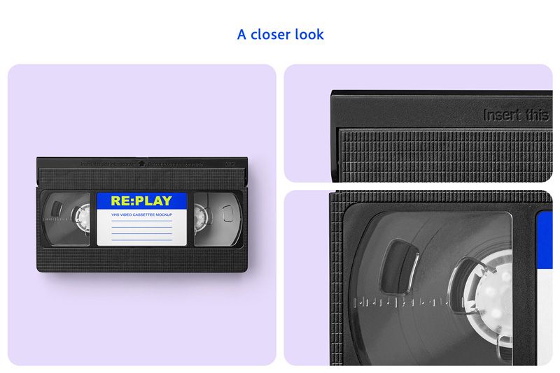Close-up VHS cassette mockup showing textured black plastic, embossed lettering, a transparent window and the tape reel.