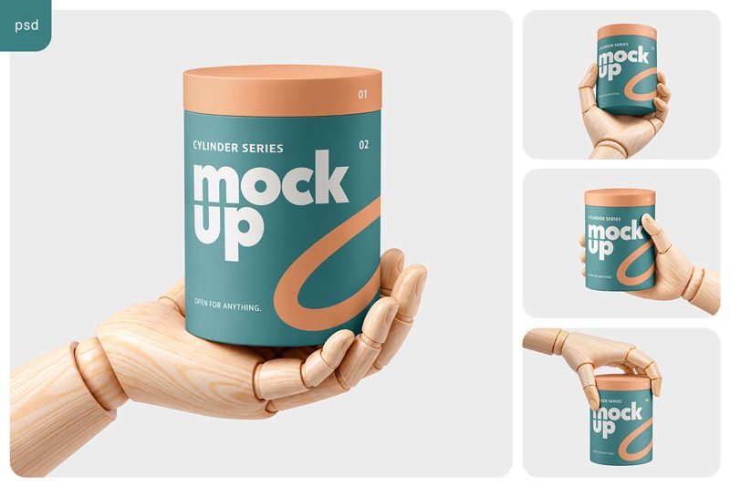 Cylinder box branding mockup set showing teal packaging with an orange lid in four wooden hand poses.