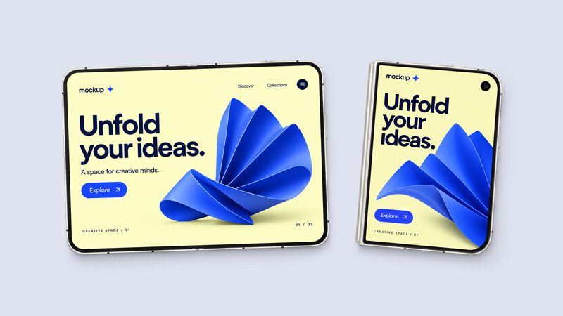 iPhone Duo mockup showing open and closed foldable phones with yellow screens and blue abstract artwork