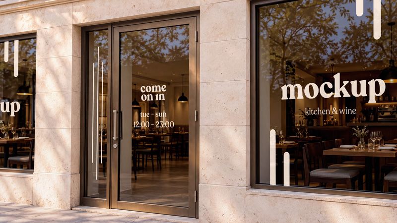 Restaurant window mockup with cream lettering on glass, tree reflections, and a warmly lit dining interior