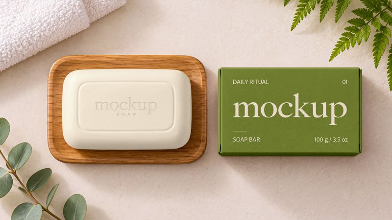 Soap mockup with a branded ivory bar on a wooden dish beside an olive green packaging box