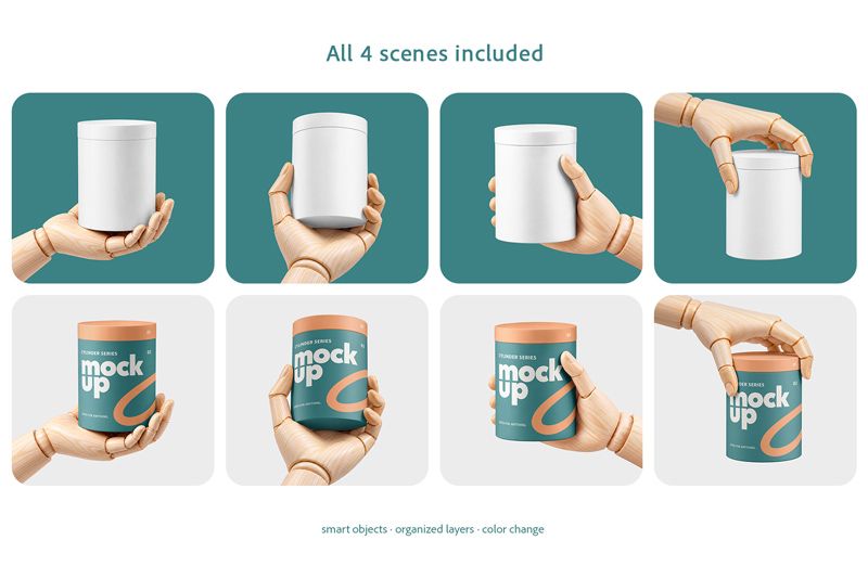 Four cylinder box mockup scenes shown with white packaging and teal and orange branding.