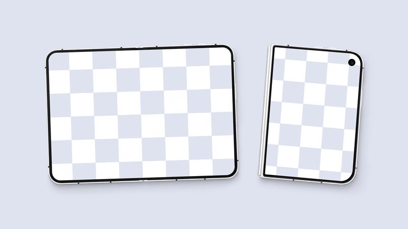 Foldable phone mockup with checkerboard placeholders on the wide inner display and portrait cover screen