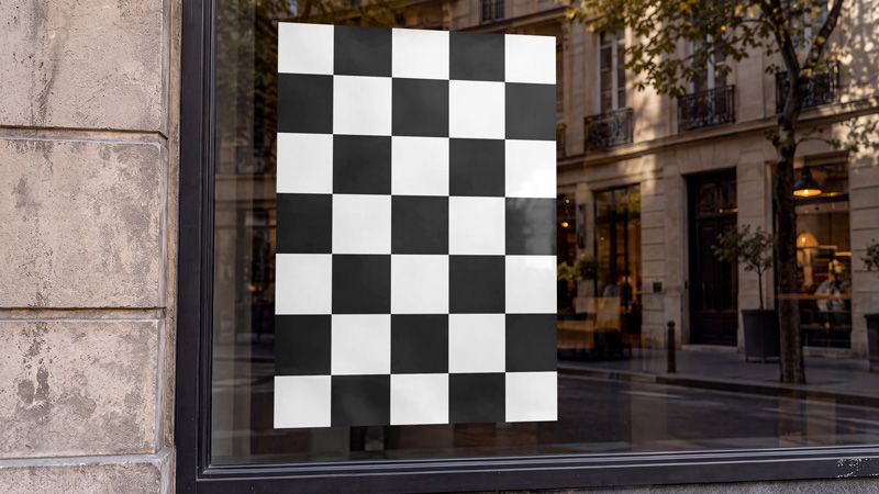 Shop window poster mockup with a black and white checkerboard poster and street reflections