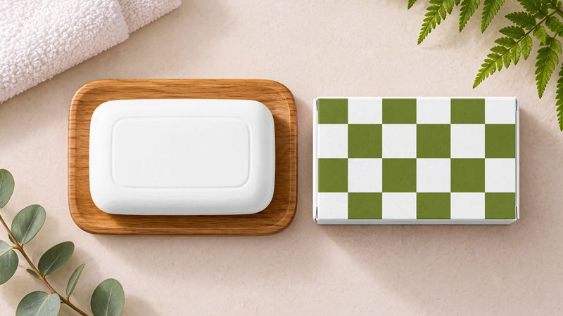 Soap mockup with a plain white bar on a wooden dish and a green and white checkerboard packaging box