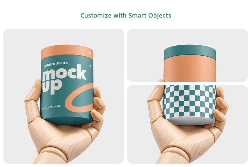 Cylinder box mockup showing a branded design, an alternative color palette and a checkerboard wrapped around the curved surface.