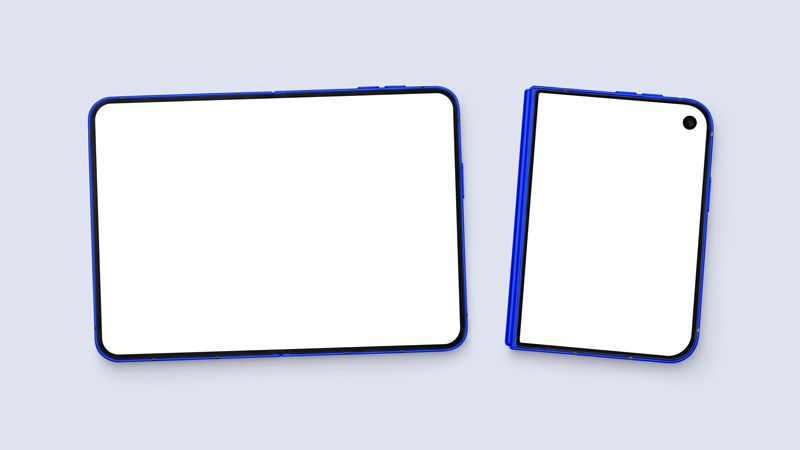 iPhone Duo mockup with blue phone frames and blank white inner and cover screens