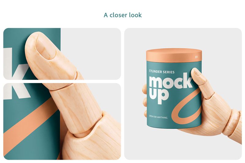 Close-up views of a wooden thumb, articulated joints and teal cylinder packaging held in a side grip.