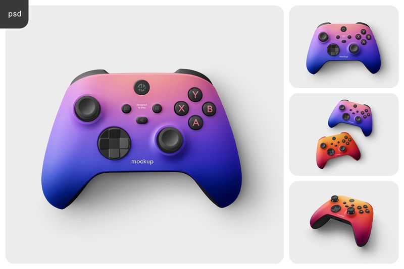 Xbox controller mockup set showing front, paired and three-quarter views with pink-blue and orange-red gradient designs on a light grey background.