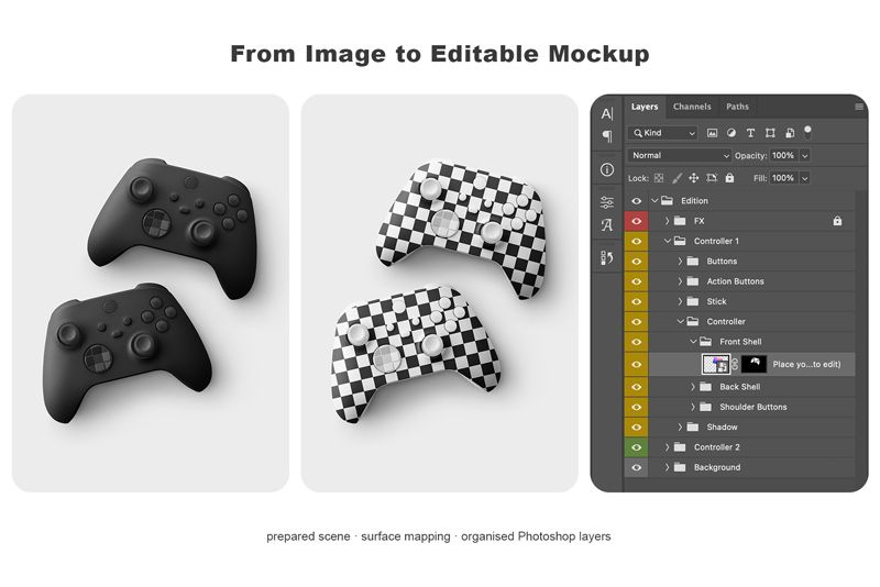 Two-controller scene shown with black shells and checkerboard artwork beside a Photoshop Layers panel with separate controller and component groups.
