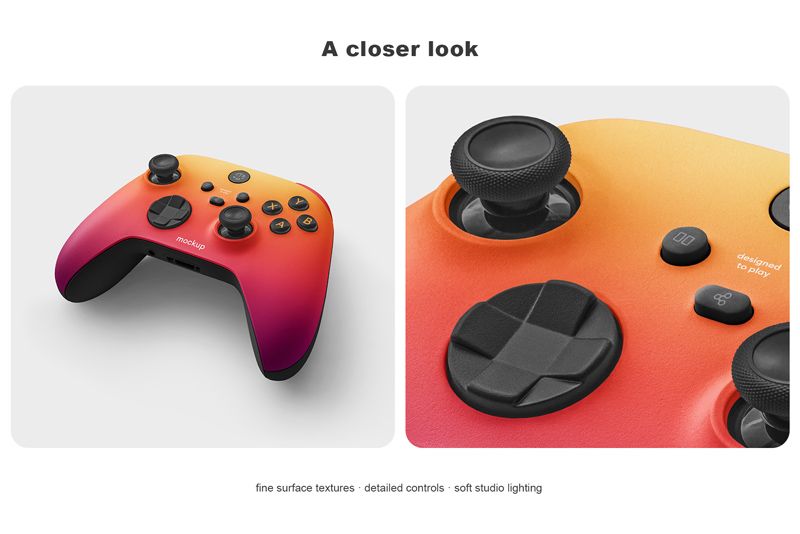 Close-up Xbox controller mockup with an orange-magenta shell showing fine surface texture, a textured thumbstick, buttons and a faceted directional pad.