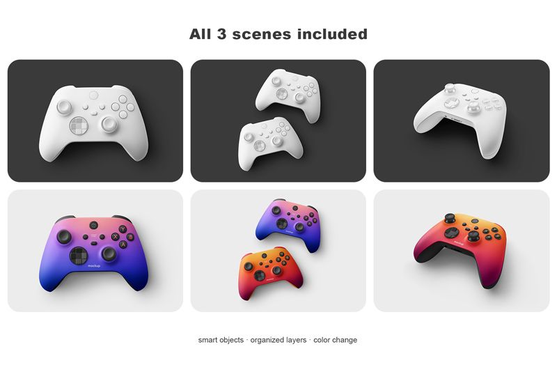 Three Xbox controller mockup scenes with white controllers on dark backgrounds and gradient designs on light backgrounds, including single and paired compositions.
